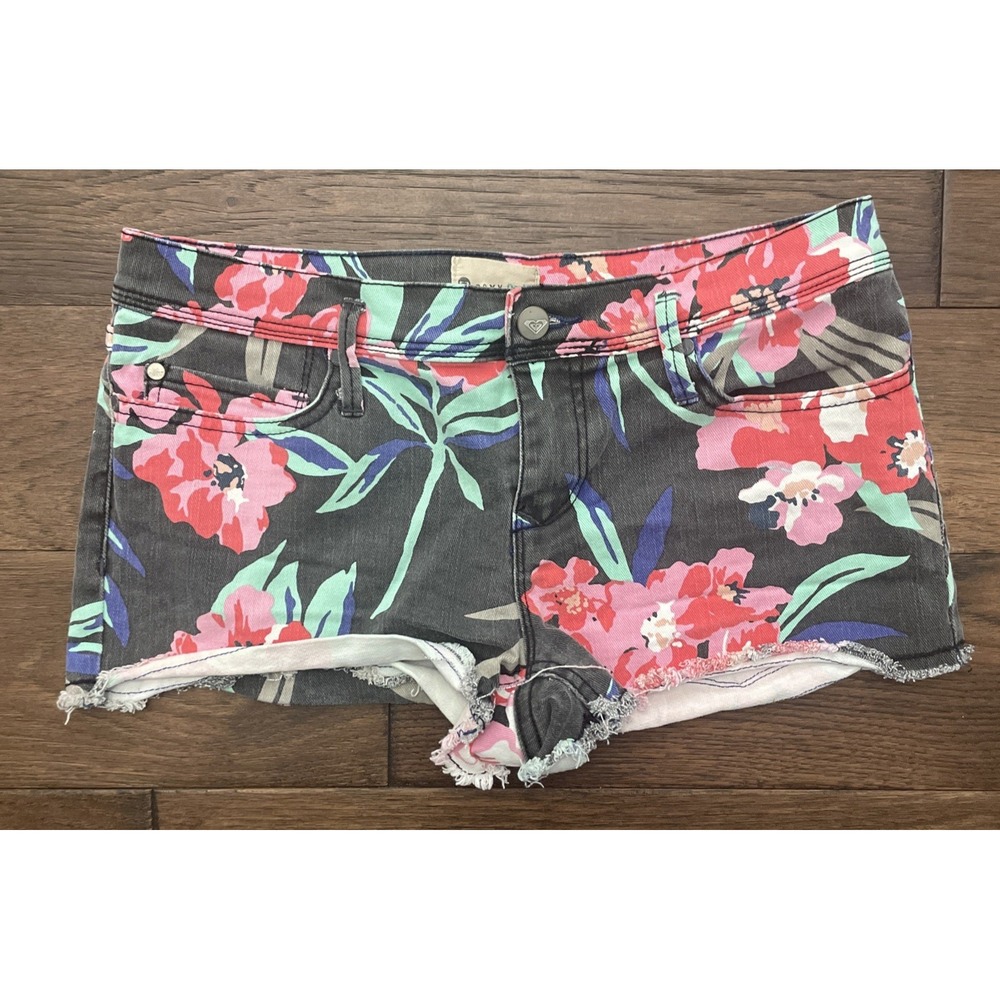 Roxy Juniors Carnival Tropical Floral Denim Cut Off Shorty Shorts Size 28